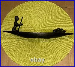 African Tribal Carving Dark Wooden Boat Canoe withPaddling Figure & Fruit/Coconut