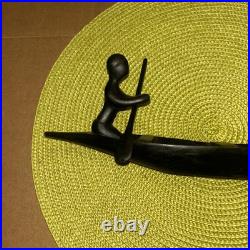 African Tribal Carving Dark Wooden Boat Canoe withPaddling Figure & Fruit/Coconut