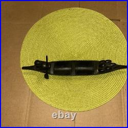 African Tribal Carving Dark Wooden Boat Canoe withPaddling Figure & Fruit/Coconut