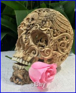 Amazing Filigree Hand Carved Wooden Sculpture Wood Skull flexible Jaw Carved