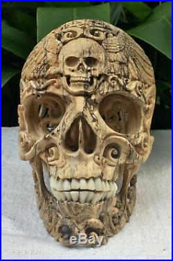 Amazing Filigree Hand Carved Wooden Sculpture Wood Skull flexible Jaw Carved