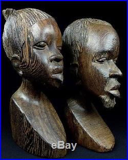 Amazing Hand Carved Pair of Wood Tribal Bust Sculptures of Woman and Man Africa