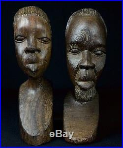 Amazing Hand Carved Pair of Wood Tribal Bust Sculptures of Woman and Man Africa