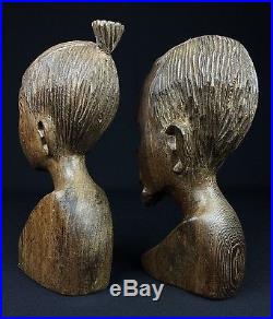 Amazing Hand Carved Pair of Wood Tribal Bust Sculptures of Woman and Man Africa