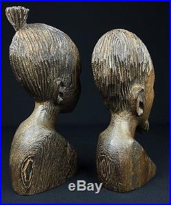 Amazing Hand Carved Pair of Wood Tribal Bust Sculptures of Woman and Man Africa