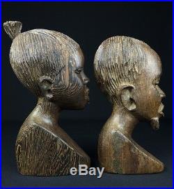 Amazing Hand Carved Pair of Wood Tribal Bust Sculptures of Woman and Man Africa