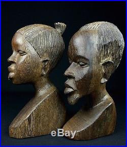 Amazing Hand Carved Pair of Wood Tribal Bust Sculptures of Woman and Man Africa