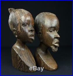 Amazing Hand Carved Pair of Wood Tribal Bust Sculptures of Woman and Man Africa