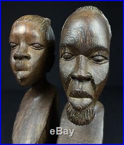 Amazing Hand Carved Pair of Wood Tribal Bust Sculptures of Woman and Man Africa