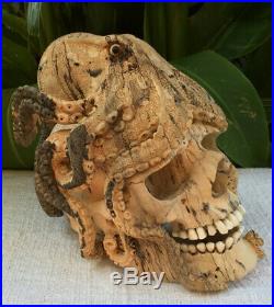 Amazing Skull Hand Carved Wooden Sculpture Wood Skull Carved Octopus Big Size