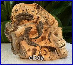 Amazing Skull Hand Carved Wooden Sculpture Wood Skull Carved Octopus Big Size