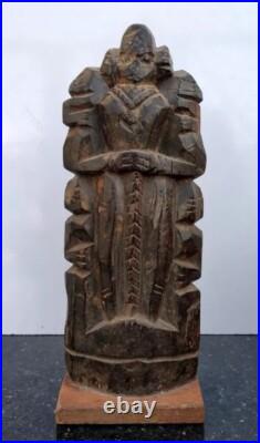 Ancient Wooden Carved South Indian Tribal Human Figure Standing On Base Statue