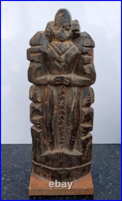 Ancient Wooden Carved South Indian Tribal Human Figure Standing On Base Statue