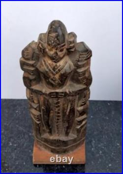 Ancient Wooden Carved South Indian Tribal Human Figure Standing On Base Statue