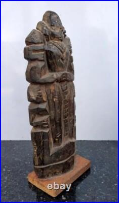 Ancient Wooden Carved South Indian Tribal Human Figure Standing On Base Statue