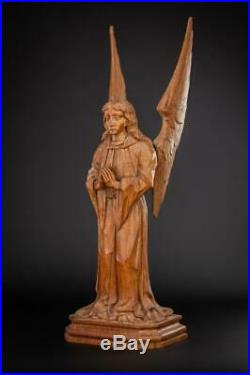 Angel Sculpture Archangel Statue Antique Carved Wood Figure Religious 20