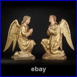 Angel Sculpture Pair Wooden Antique 18th / 19th Cent Church Wood Carving 23.6