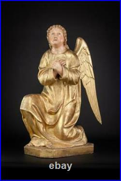Angel Sculpture Pair Wooden Antique 18th / 19th Cent Church Wood Carving 23.6