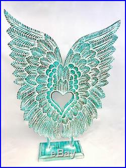 Angel Wings Sculpture Statue Washed Teal Hand Carved Wood Bali Art Decor