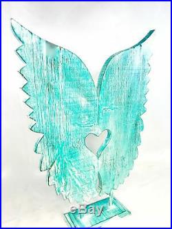 Angel Wings Sculpture Statue Washed Teal Hand Carved Wood Bali Art Decor