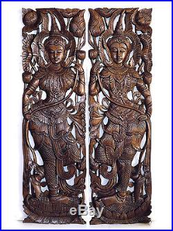Angels Holding Lotus Wood Carving Home Wall Panel Mural Decor Art Statue gtahy