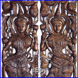 Angels Holding Lotus Wood Carving Home Wall Panel Mural Decor Art Statue gtahy