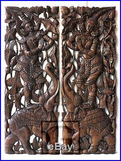 Angels Phanom on Elephant Wood Carving Home Wall Panel Mural Decor Statue gtahy