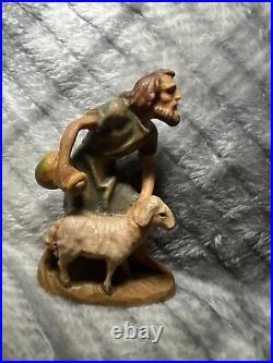 Anri Made In Italy Nativity Shepherd Jug & Sheep Wood Carving Figurine Lamb