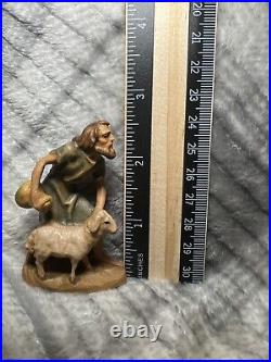 Anri Made In Italy Nativity Shepherd Jug & Sheep Wood Carving Figurine Lamb