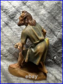 Anri Made In Italy Nativity Shepherd Jug & Sheep Wood Carving Figurine Lamb