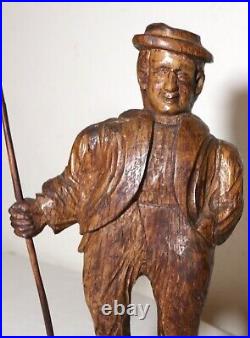 Antique 1751 Folk Art hand carved wood figural Jaeger man sculpture statue