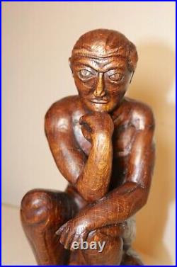 Antique 1800's Folk Art hand carved wood figural thinking man sculpture statue