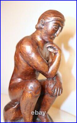 Antique 1800's Folk Art hand carved wood figural thinking man sculpture statue