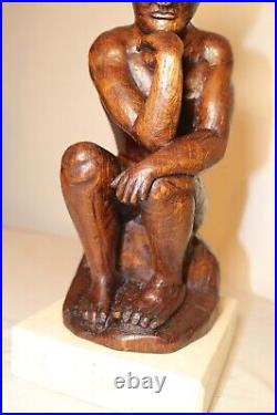 Antique 1800's Folk Art hand carved wood figural thinking man sculpture statue