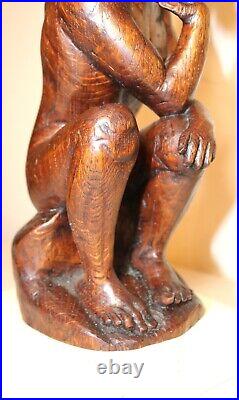 Antique 1800's Folk Art hand carved wood figural thinking man sculpture statue