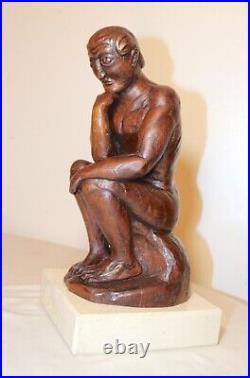 Antique 1800's Folk Art hand carved wood figural thinking man sculpture statue