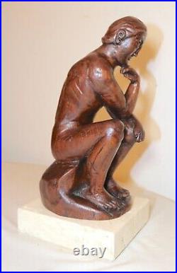 Antique 1800's Folk Art hand carved wood figural thinking man sculpture statue