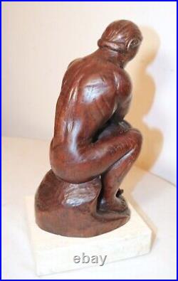 Antique 1800's Folk Art hand carved wood figural thinking man sculpture statue