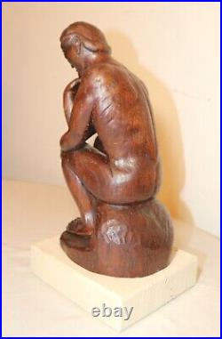 Antique 1800's Folk Art hand carved wood figural thinking man sculpture statue