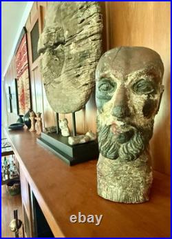 Antique 1800's Hand Carved Wooden Saint Bust Sculpture Statue Hat Mold Figure