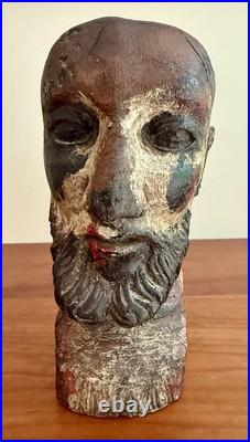 Antique 1800's Hand Carved Wooden Saint Bust Sculpture Statue Hat Mold Figure