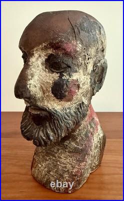 Antique 1800's Hand Carved Wooden Saint Bust Sculpture Statue Hat Mold Figure