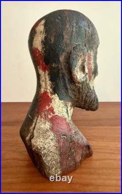 Antique 1800's Hand Carved Wooden Saint Bust Sculpture Statue Hat Mold Figure