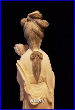Antique 19c Sculpture figure Chinese Hand Carved Wood & Bovine Bone Flower GIRL