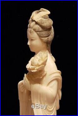 Antique 19c Sculpture figure Chinese Hand Carved Wood & Bovine Bone Flower GIRL