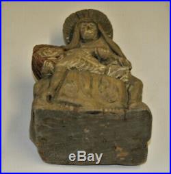 Antique 19th Century Carved Wood Pieta Sculpture Mery Holding Christ Statue 10in