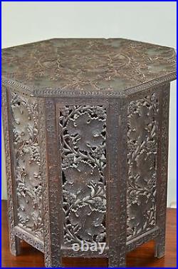 Antique 19th Century Indian Intricately Carved Hexagonal Side Table, c1880