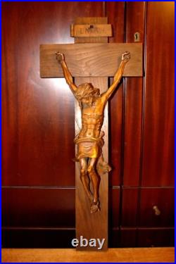 Antique 23 Hand Carved Wood Carving Jesus Wall Crucifix Cross Sculpture Figure Antique 23 Hand Carved Wood Carving Jesus Wall Crucifix Cross Sculpture Figure