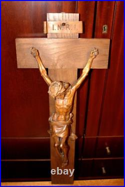 Antique 23 Hand Carved Wood Carving Jesus Wall Crucifix Cross Sculpture Figure Antique 23 Hand Carved Wood Carving Jesus Wall Crucifix Cross Sculpture Figure