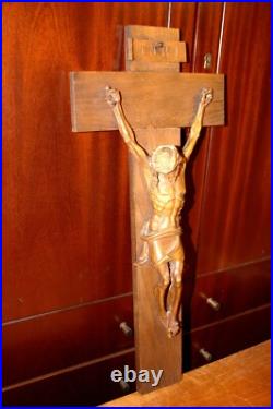 Antique 23 Hand Carved Wood Carving Jesus Wall Crucifix Cross Sculpture Figure Antique 23 Hand Carved Wood Carving Jesus Wall Crucifix Cross Sculpture Figure